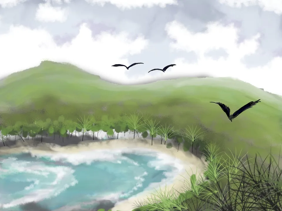 Green hills under a cloudy sky, in front of them a turquoise bay with a pale sandy beach; three birds in flight.