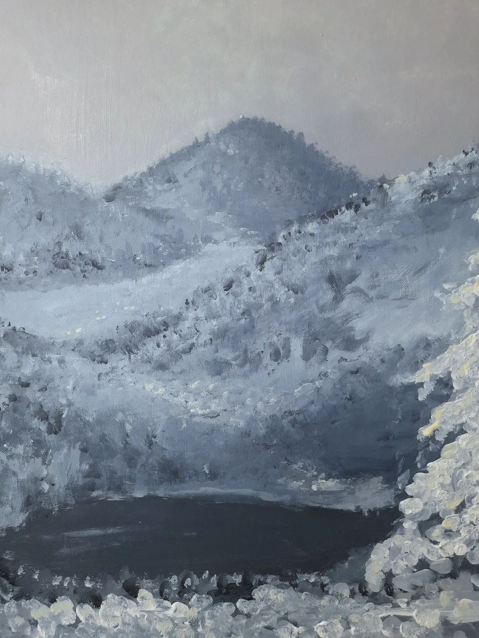 Vertical format in grey: a wooded summit against a pale sky, in front of it a wide, thickly applied slope, and at the bottom an almost black lake with a pale edge of shore.