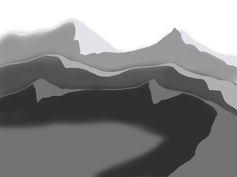 Shades of grey in flat layers: several mountain ridges one behind the other against a white sky; in the foreground on the left a pale area between dark slopes.