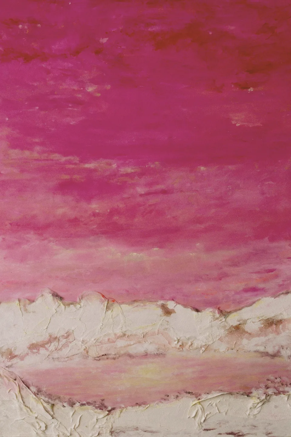 Square painting: a pink sky above a bone-white, thickly built-up ridge, with a pale, calm stretch of water below.