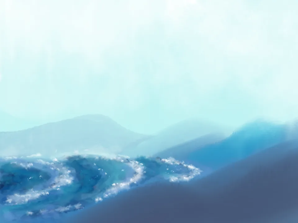 A bright, hazy sky above pale mountains; in the foreground on the left a blue wave with white spray, on the right a dark slope.