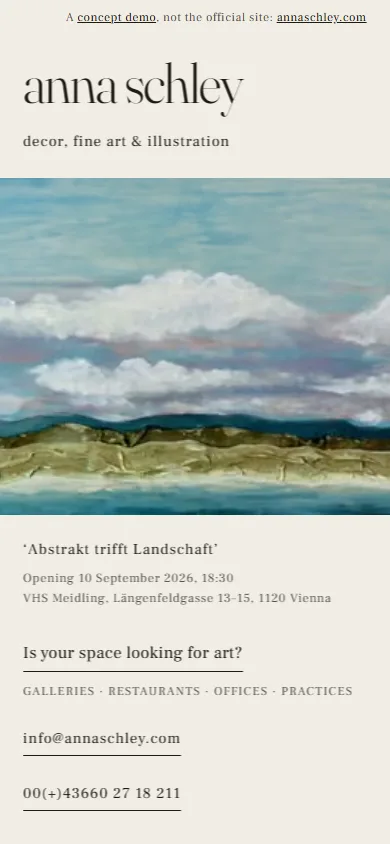 The concept's own first screen: her name in a thin serif over the panorama painting of clouds over dunes, the exhibition and her contact links below it.