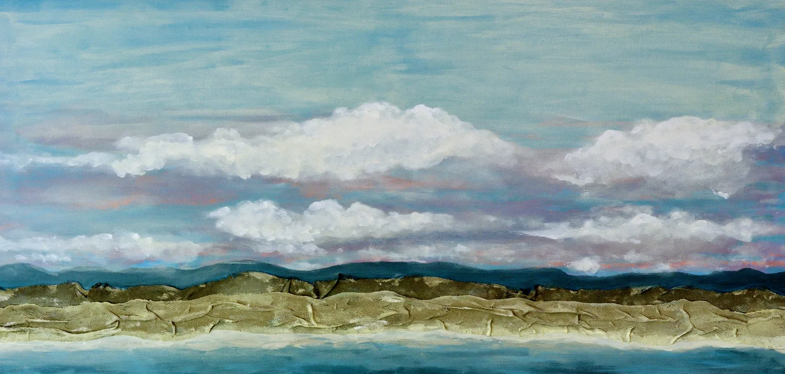 Anna Schley's panorama painting: pale blue-green sky with white clouds over a thick, textured band of olive and sand-coloured dunes, calm water below. A thin line runs exactly along the painted horizon.