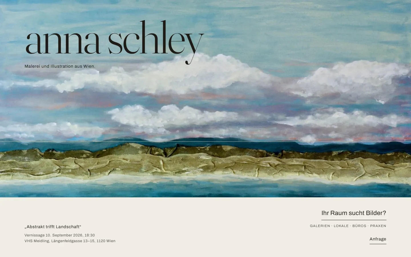 Direction A, first screen: her name in a thin serif over the panorama painting, a thin grey line crossing the page exactly at the painted horizon, the exhibition and two contact links below.