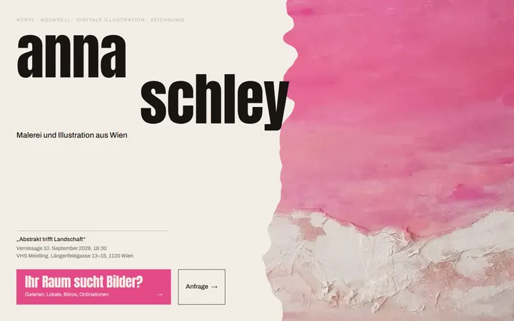 Direction B, first screen: her name in heavy condensed capitals on the left, the pink ridge painting on the right, the two halves split along a ragged vertical edge traced from the canvas.