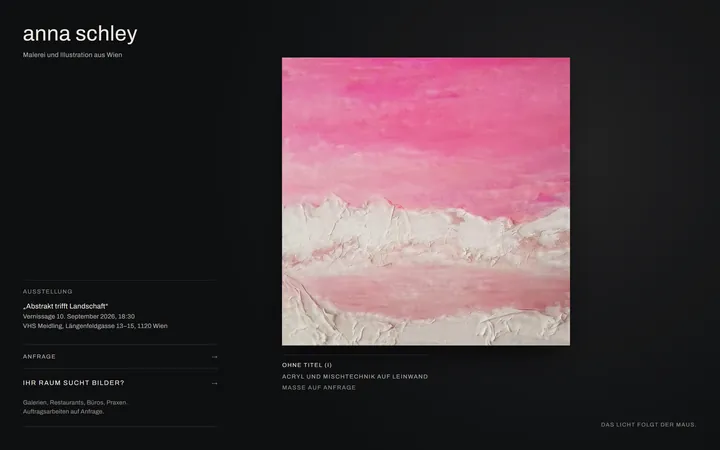 Direction C, first screen: a near-black room, her name top left, the pink ridge painting lit from above in the centre with its label underneath.