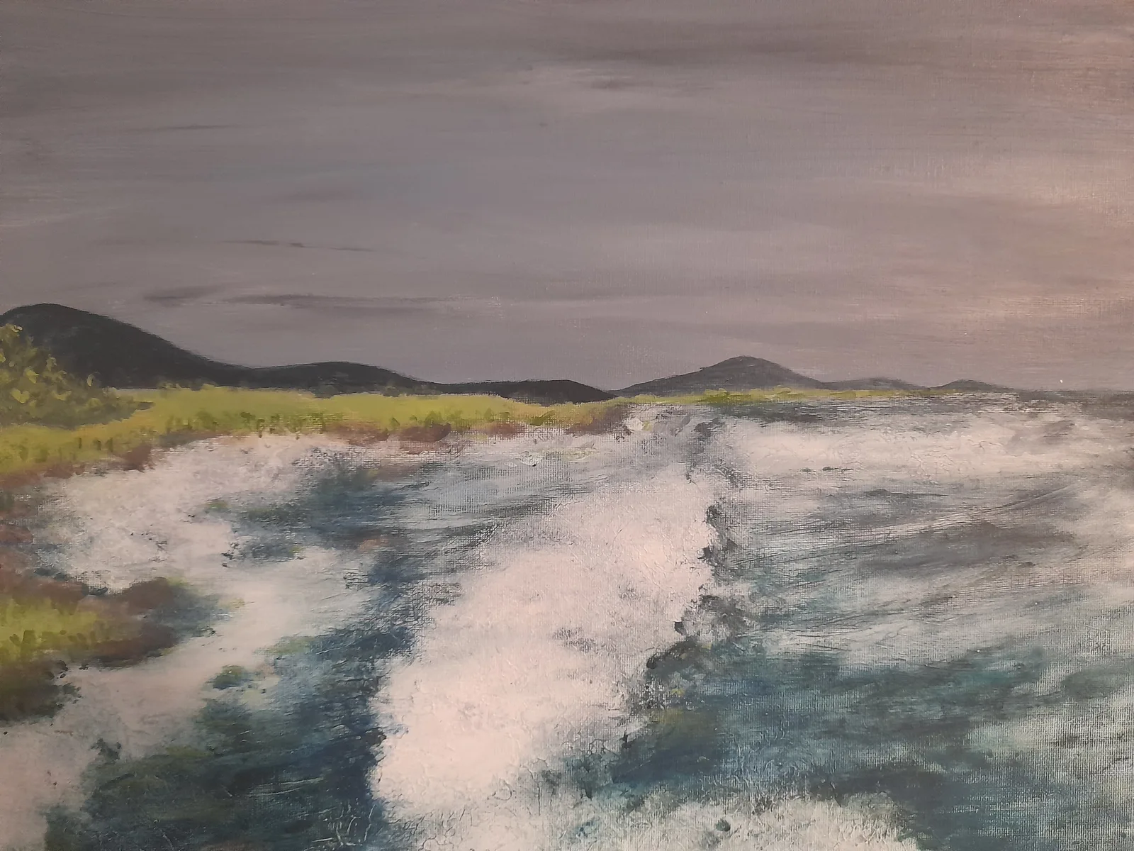 Painting: a grey sky over dark, low hills, a strip of green shore, and white foam streaking across grey-blue water.