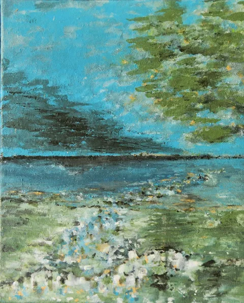 Painting: a turquoise sky with dark cloud streaks and a treetop at the top right; under a dark shoreline a blue lake, a meadow of pale flowers in front.