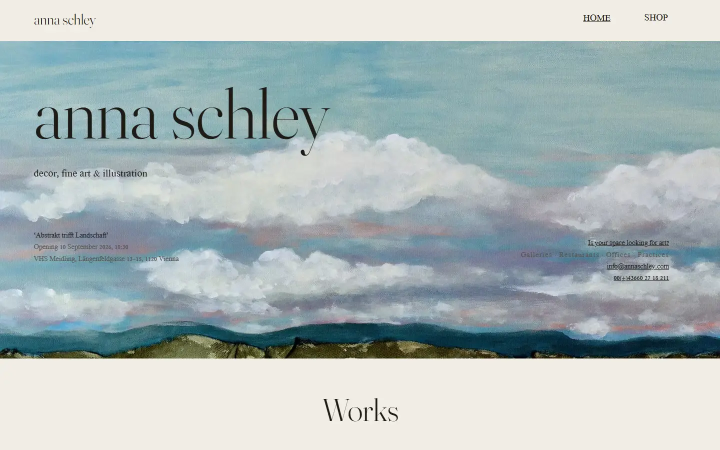 annaschley.com on Wix, first screen: her name in a thin serif floating over the panorama painting, the tagline decor, fine art and illustration, and the exhibition and her contact links over the painting too.