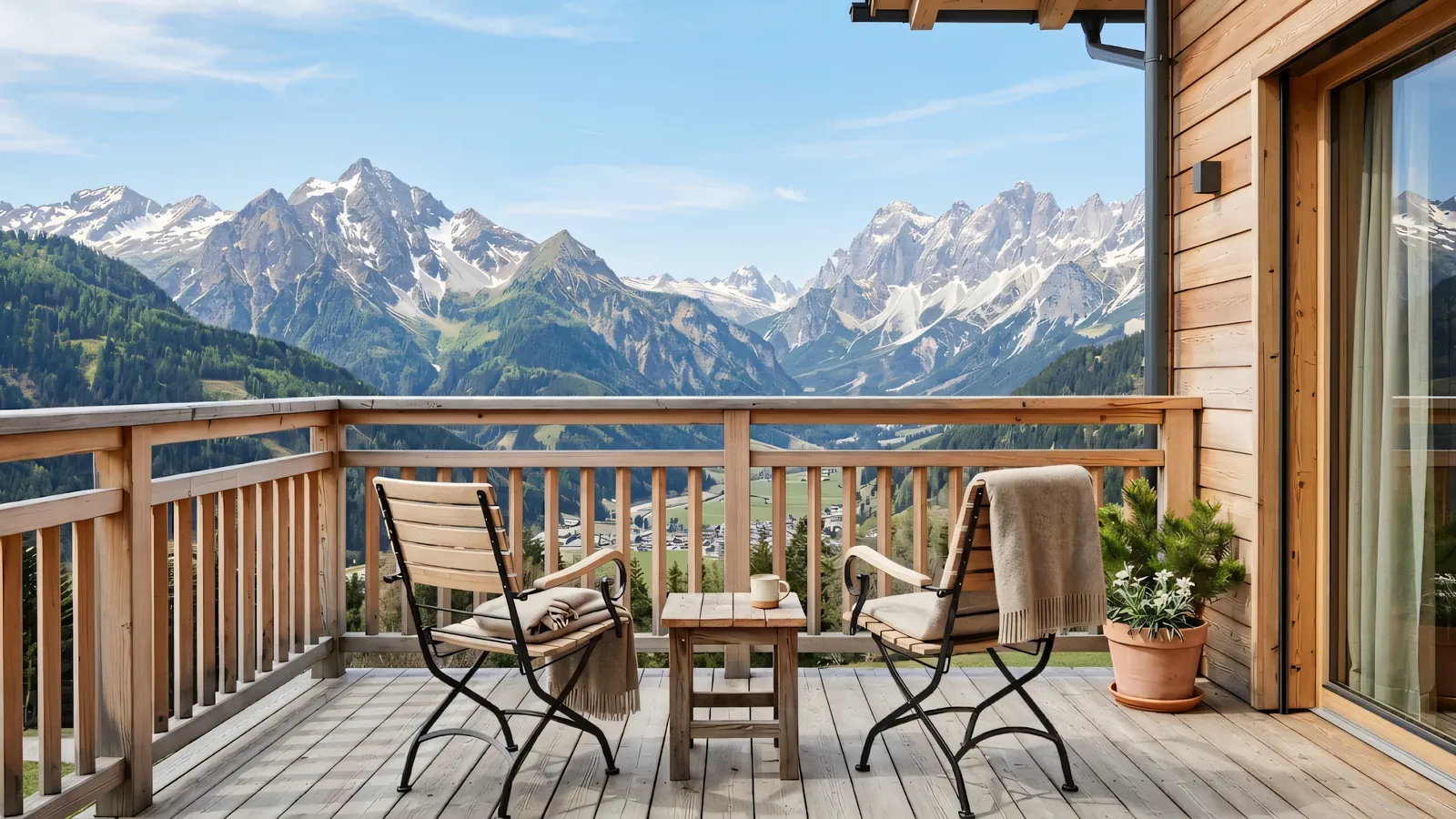 Der Holzbalkon im Sommer mit zwei Stühlen und einem kleinen Tisch, gegenüber die Bergkette über grünen Wiesen.