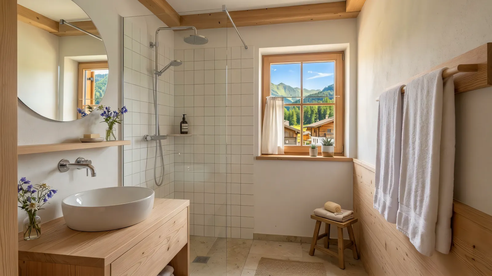 Das Bad: ein rundes Waschbecken auf Holz, ein runder Spiegel, die begehbare Dusche, ein kleines Fenster und weiße Handtücher an der Stange.