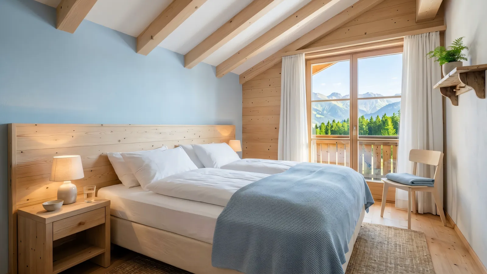 Das große Schlafzimmer unter Holzbalken: ein Doppelbett mit weißer Bettwäsche und einer blauen Decke.