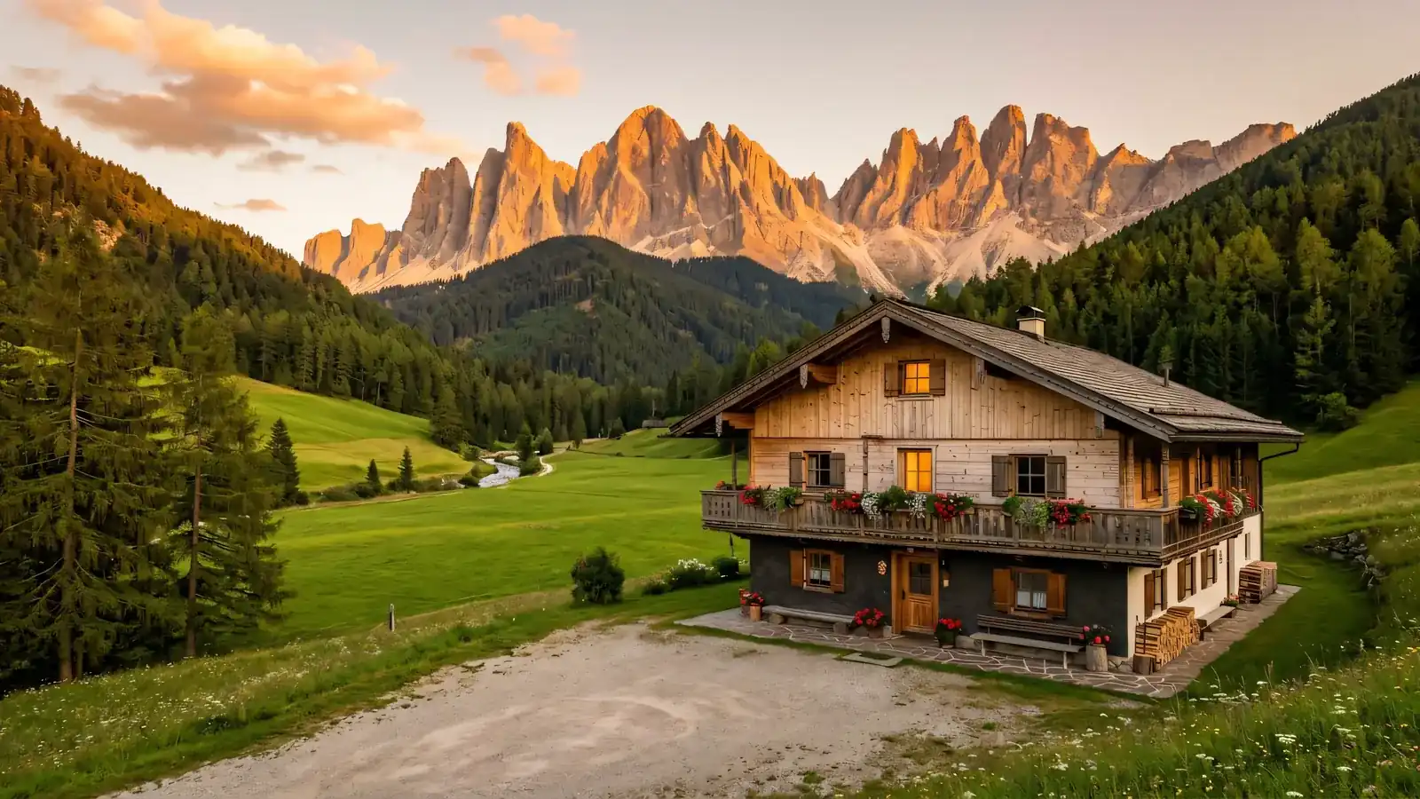 Das Haus im Abendlicht des Sommers: ein altes Holzhaus am Hang, Blumen am Balkon im ersten Stock, dahinter Wiesen, Wald und die Felszacken.