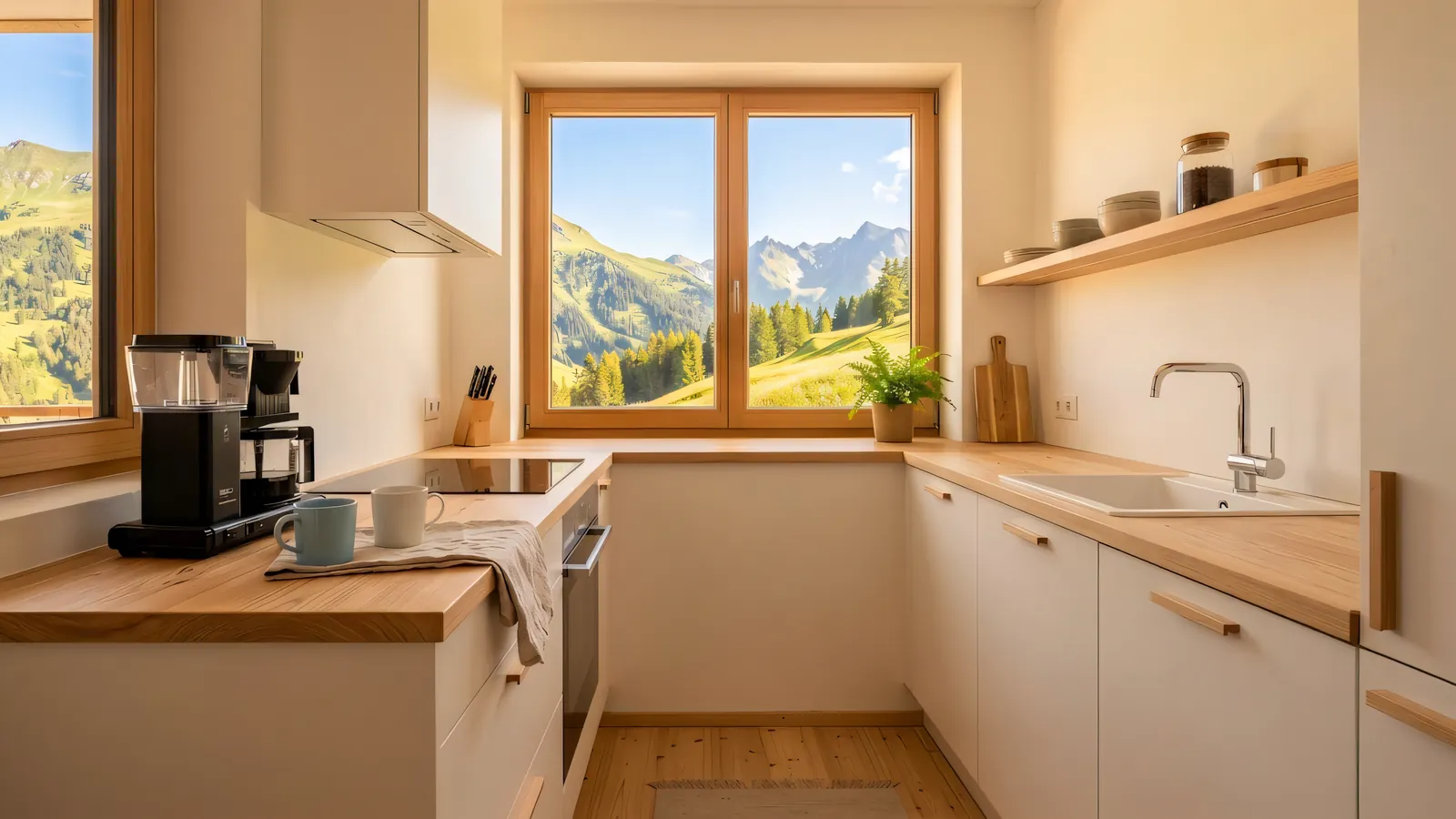 Die weiße Küche mit Arbeitsplatte aus Holz und einem Fenster zum Hang.