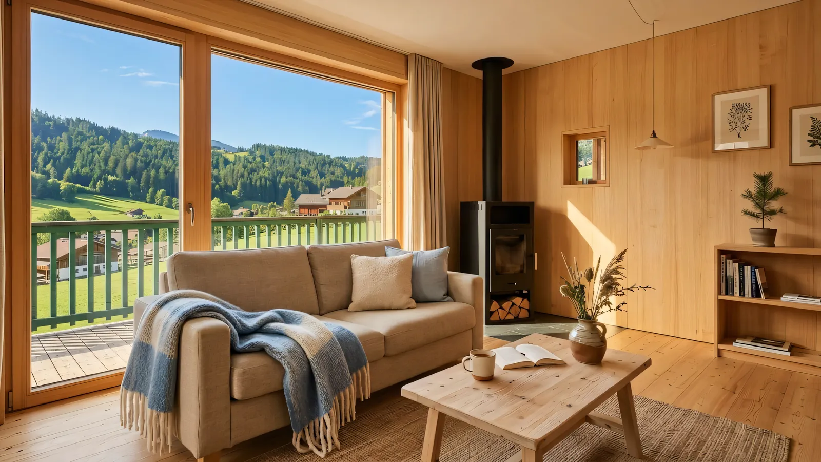 Die Stube im Sommer: das Sofa am großen Fenster, daneben der schwarze Holzofen, draußen der Balkon, grüne Wiesen und Wald.