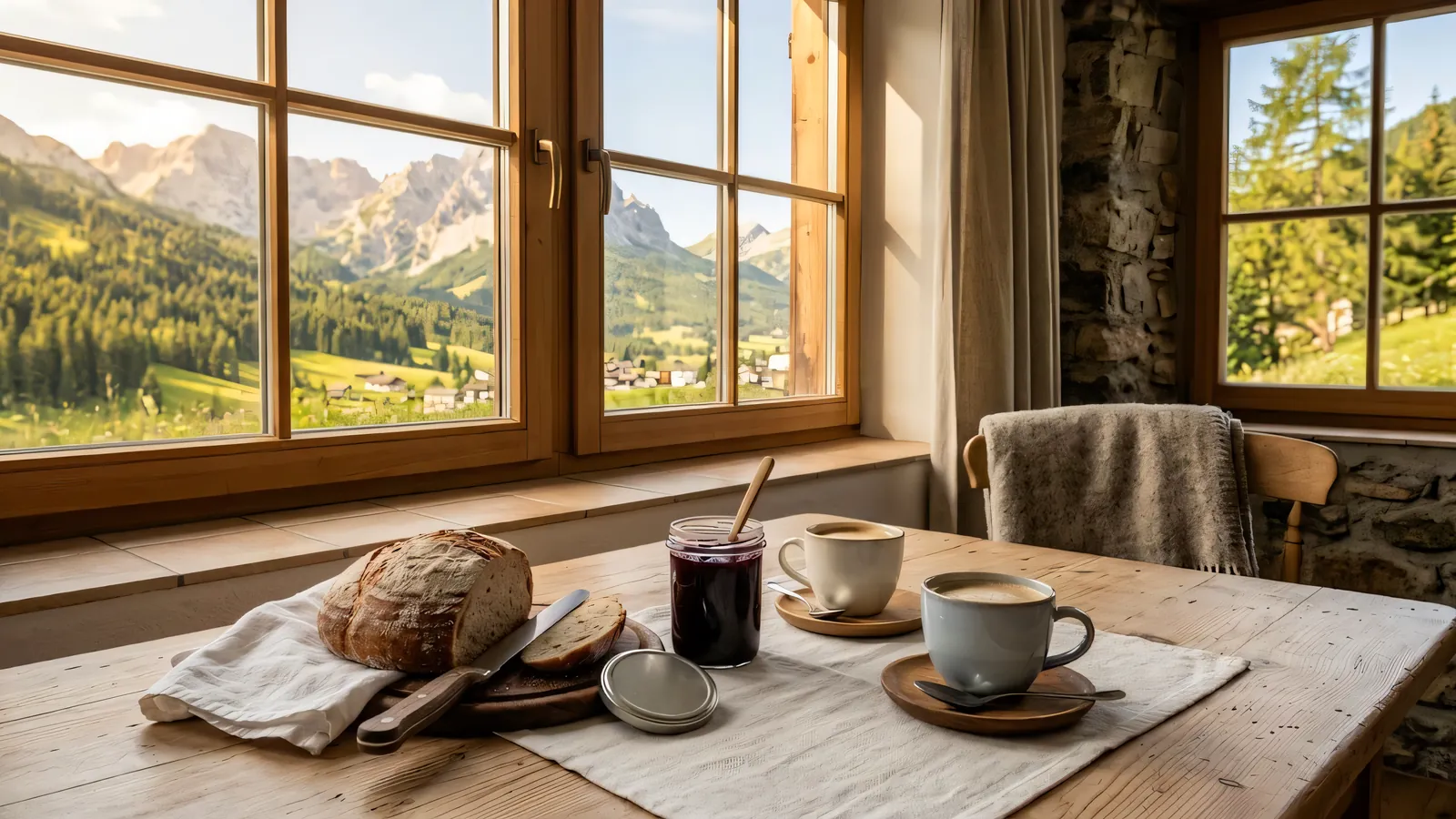Der Holztisch am Fenster im Sommer, zum Frühstück gedeckt, draußen grüne Hänge und die Berge.