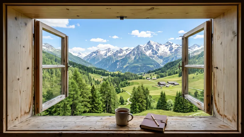 Der Blick durch das offene Holzfenster im Sommer: grüne Wiesen, Lärchen, ein paar Höfe und die Bergkette gegenüber.