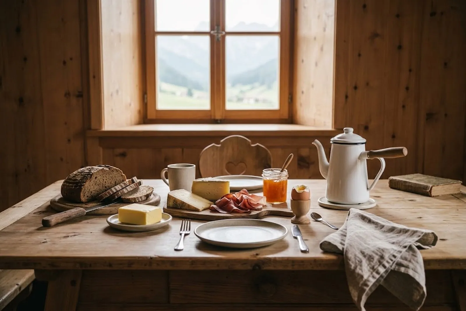 Gedeckter Frühstückstisch mit Bauernbrot, Butter, Marmelade, Speck und einer Kanne Kaffee am Fenster