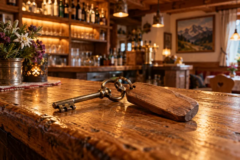 Ein Zimmerschlüssel an einem geschnitzten Holzanhänger auf der Bar