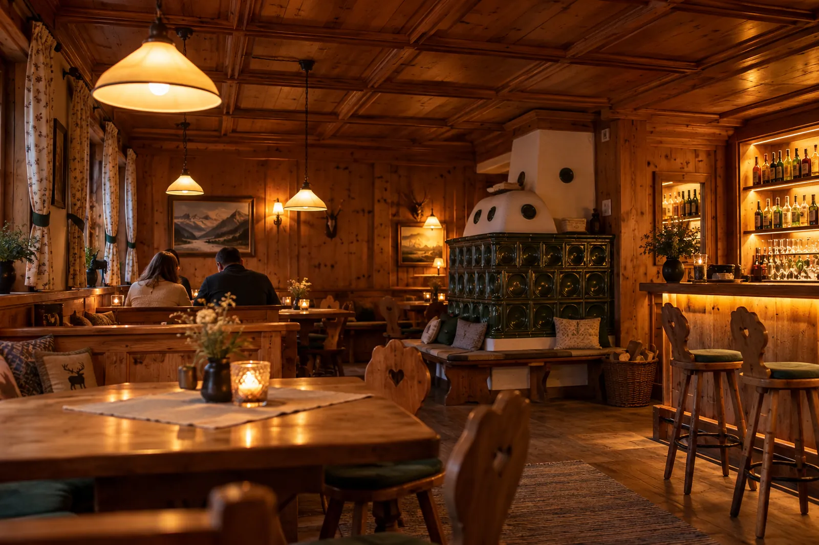 Die Stube am Abend, ein paar Gäste von hinten an den Tischen, die Bar warm beleuchtet