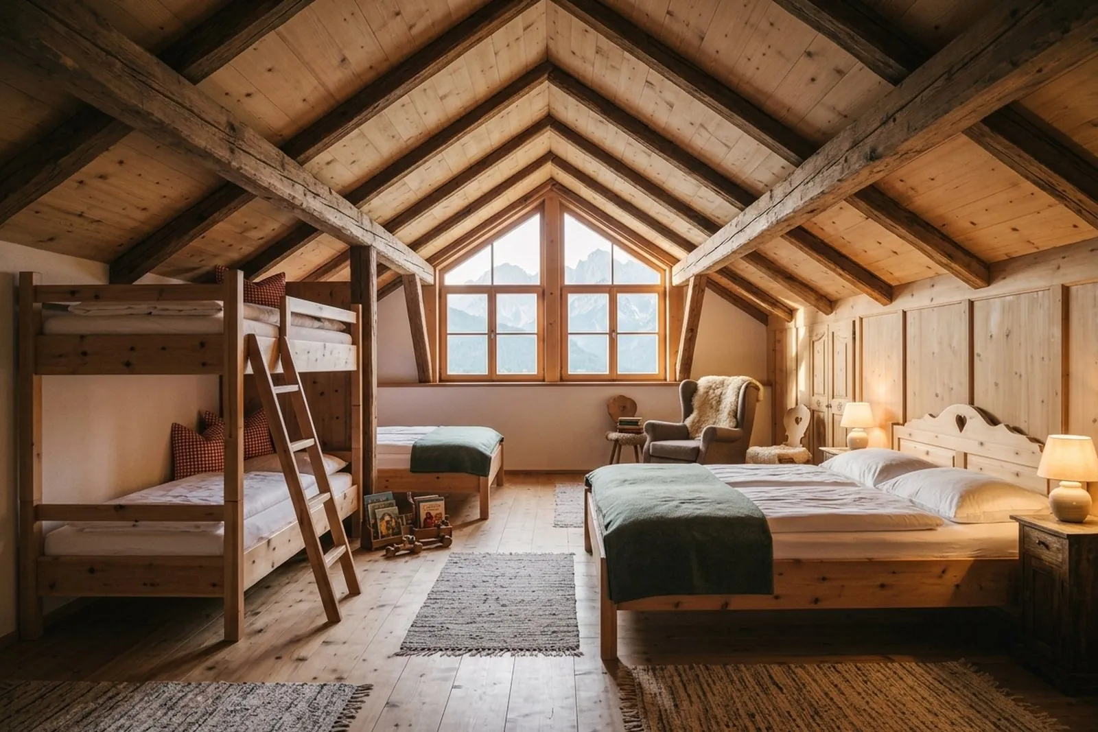 Familienzimmer Hochstand unter der Dachschräge mit Doppelbett und zwei Einzelbetten aus hellem Holz