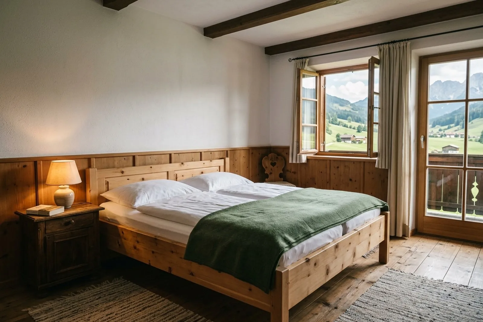 Doppelzimmer Talblick mit Zirbenholzbett, heller Bettwäsche und offener Balkontür mit Blick ins Pitztal