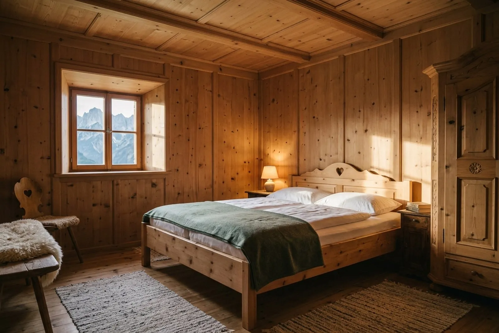 Zirbenzimmer mit heller Zirbenholzvertäfelung an Wand und Decke, Lodendecke auf dem Bett und Fenster zum Berghang