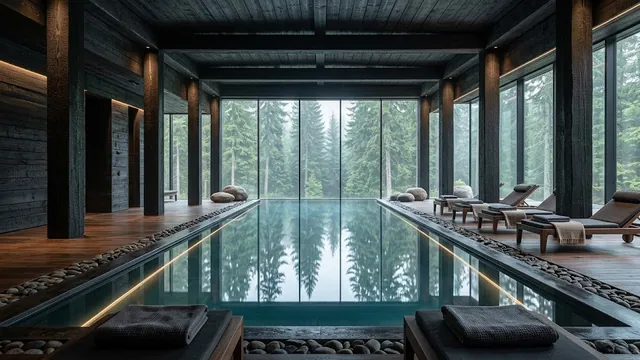 Das Badehaus: das Becken des Hallenbads vor der Glaswand zum Wald.