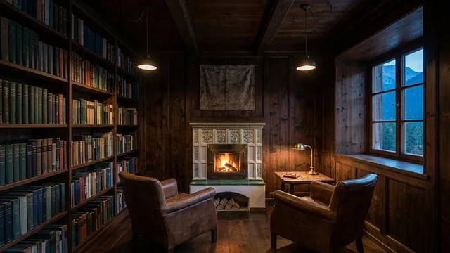 Die Bibliothek: eine Wand voller Bücher, Sessel und der Kamin.