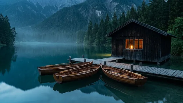 Die Ruderboote aus Holz am Steg vor dem Haus.