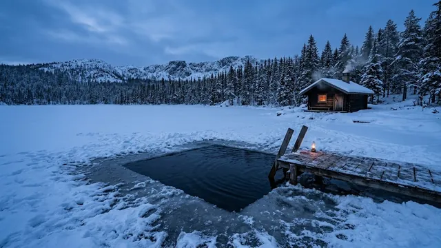 Ein offenes Wasserloch im Eis neben einem Holzsteg mit Laterne, dahinter die Saunahütte am verschneiten Ufer.