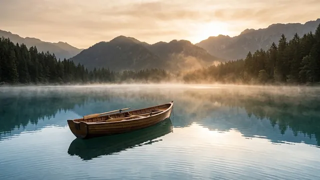 Ein Ruderboot aus Holz auf dem stillen See.