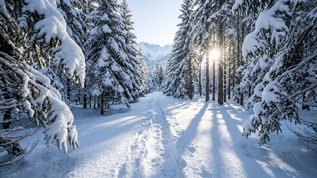 Eine Spur im tiefen Schnee führt zwischen verschneiten Fichten bergauf.