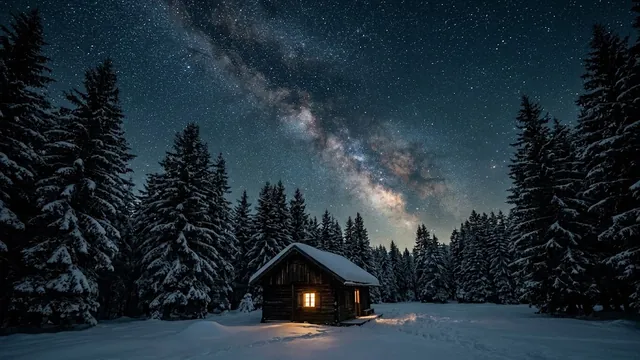 Die Milchstraße über einer verschneiten Lichtung, in der Hütte zwischen den Fichten brennt Licht.