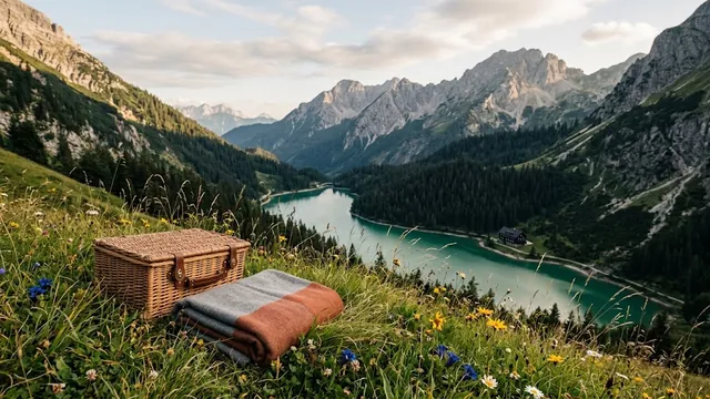 Ein Picknickkorb und eine Wolldecke im hohen Gras zwischen Wiesenblumen, tief unten der See zwischen den Bergen.