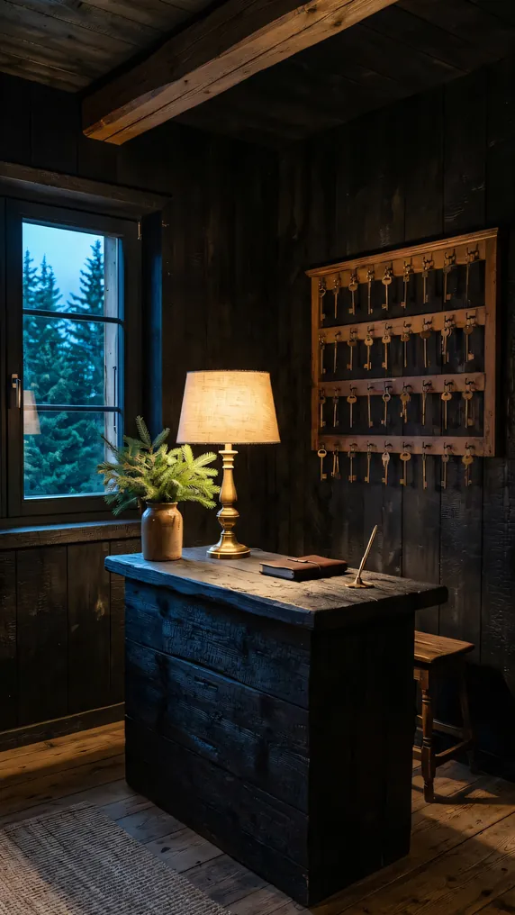 Der Empfang: ein Pult aus dunklem Holz mit brennender Tischlampe, an der Wand dahinter das Schlüsselbrett.