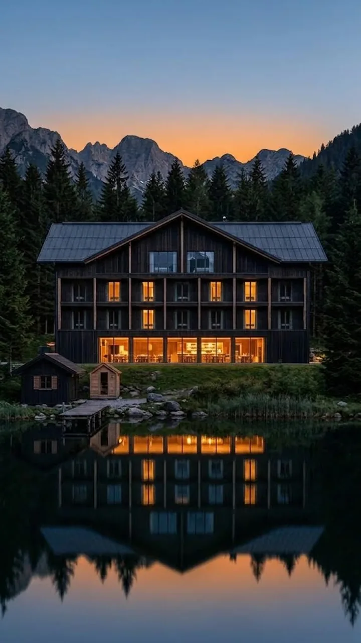 Das Hotel Lichtung am Firnsee am Abend: ein dunkles Holzhaus am Ufer, links das Bootshaus, dahinter Wald und Berge.