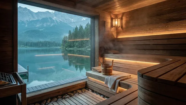 Die Seesauna: die Saunahütte aus Holz unten am Ufer.