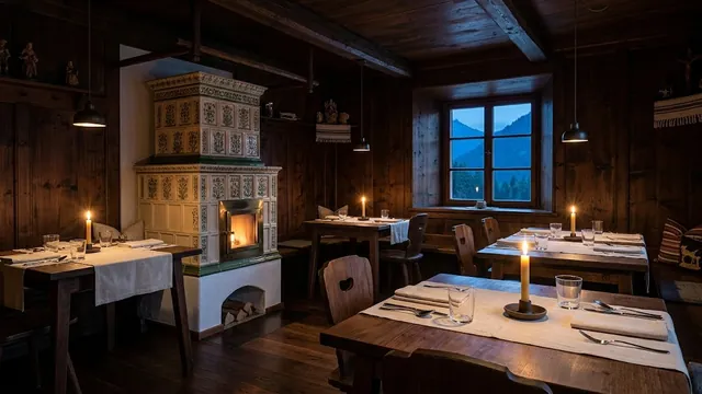 Die Stube: gedeckte Tische im holzgetäfelten Restaurant.