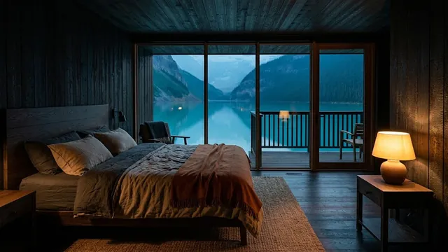 Seezimmer: das Bett vor der Glasfront, dahinter der Balkon mit zwei Stühlen und der See in der Dämmerung.