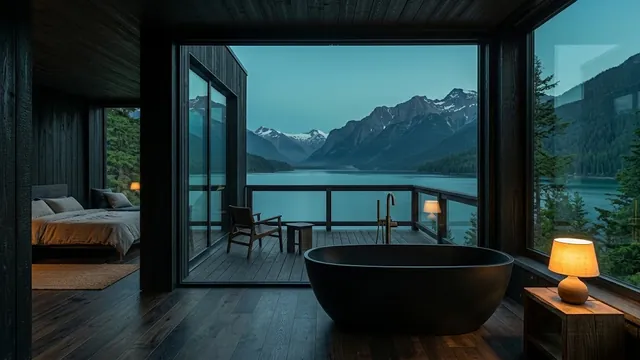 Lichtung-Suite: die freistehende Wanne vor der Glasfront, dahinter die Terrasse, der See und die Berge.