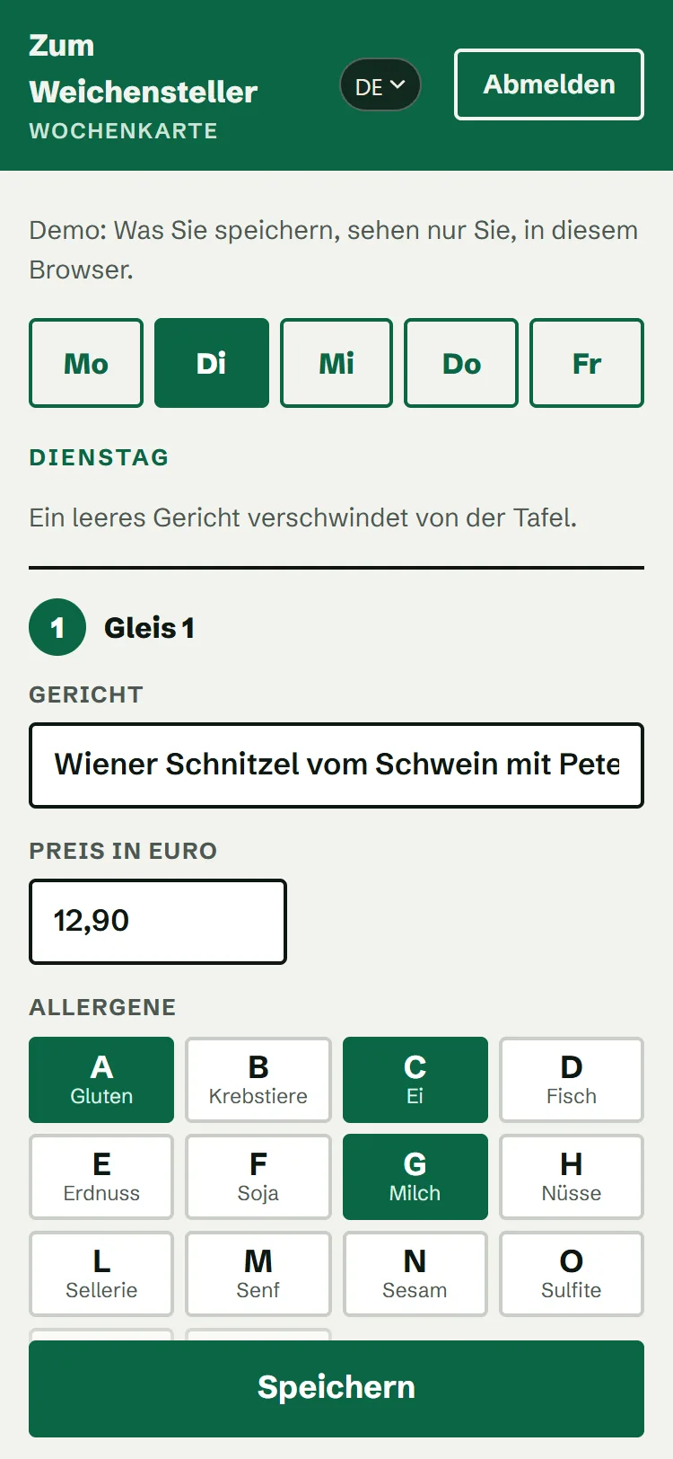 Die Wochenkarte am Handy: Tag Dienstag gewählt, drei Gerichte mit Preis, Allergene als Knöpfe A bis R