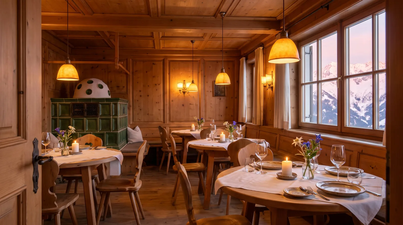 Die Stube neben dem Saal: Holzvertäfelung, grüner Kachelofen, warme Lampen, dahinter die Berge in der Dämmerung.
