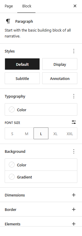 Der Einstellungs-Panel im WordPress-Editor: Typografie, Farbe, Schriftgröße, Hintergrund, Abstände, Rahmen. Eine Spalte, die unten aus dem Bild läuft
