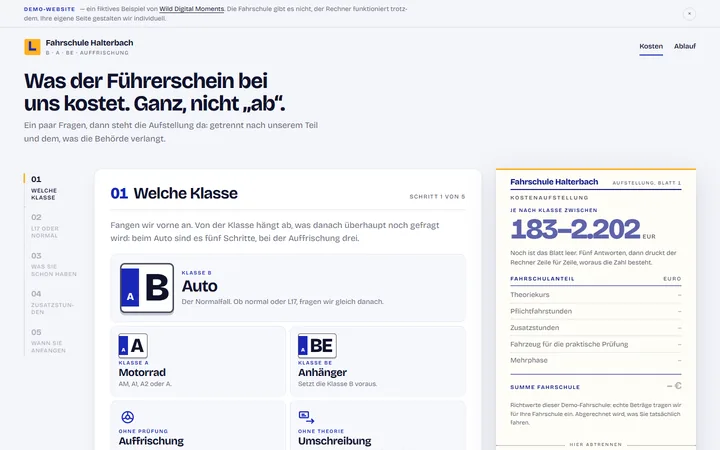 Screenshot der Demo-Website Fahrschule Halterbach