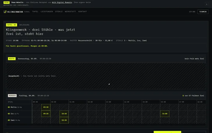 Screenshot der Demo-Website Klingenwerk