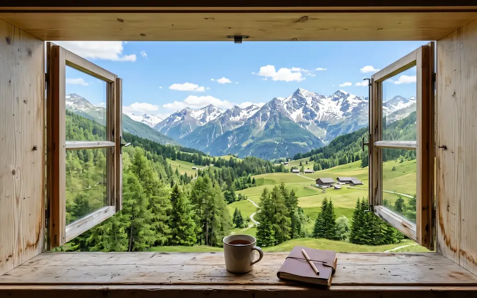 Blick aus dem offenen Holzfenster der Ferienwohnung Almzeit auf Wiesen und schneebedeckte Berge