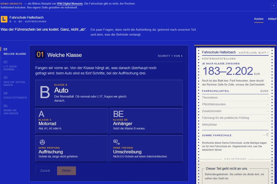 Startseite der Demo-Website Fahrschule Halterbach mit dem Kostenrechner