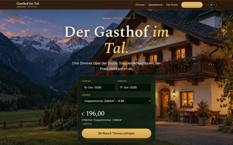 Startseite der Demo-Website Gasthof im Tal mit den Bergen im Hintergrund