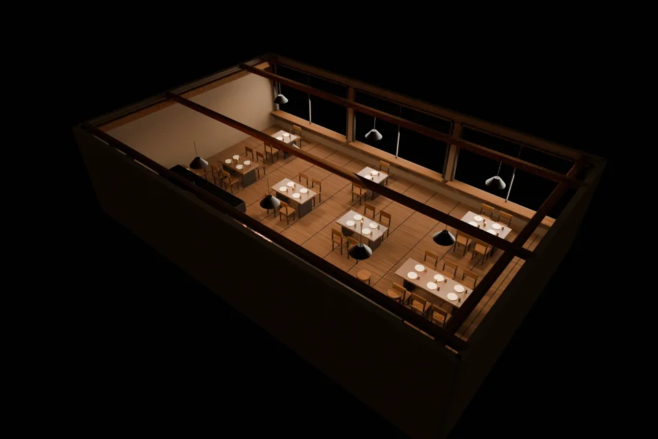 Der 3D-Gastraum der Demo-Website Glutbank mit Blick ins Tal